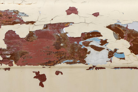 Texture of an old, dirty and heavily cracked and stained metal sheet once covered with red and beige paint as an abstract industrial backgroundの写真素材