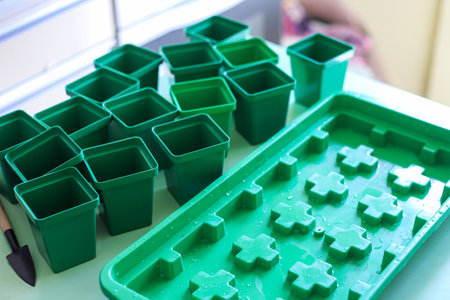 Pricking out plants at home. Set of pots and tray for seedlings. Gardening as a hobby. Photo with...
