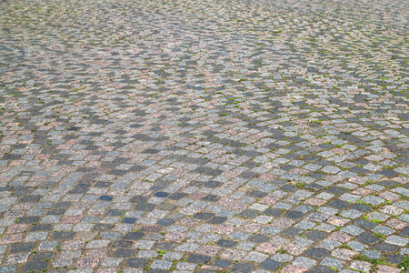 An old stoneblock pavement cobbled in an arc pattern with rectangular granite blocks with green...