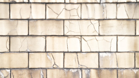 Close-up texture of an old, heavily damaged, peeled and cracked wall made of beige rectangular tiles as a backgroundの写真素材