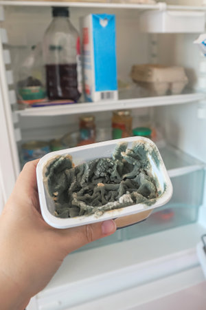 Closeup of rotten food. Green mold growing on processed cheese in plastic container in human hand...