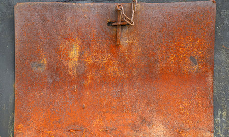 Closeup texture of old and totally rusty metal sheet on a black wall as a background with copy spaceの写真素材