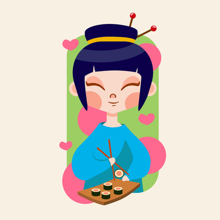 Asian girl enjoy sushiのイラスト素材