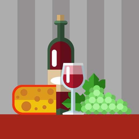 Bottle of red wine with a glass, grapes and cheese.のイラスト素材