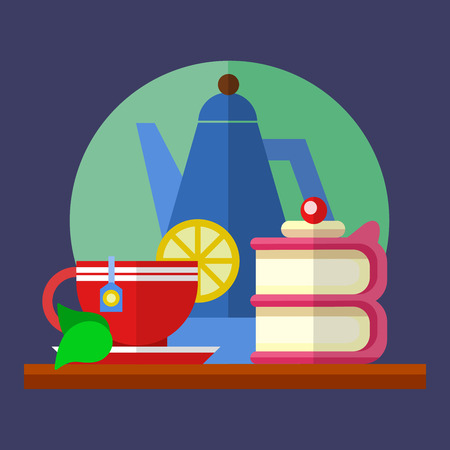 Flat colorful set with a cup of tea with lemon and tea and cakeのイラスト素材