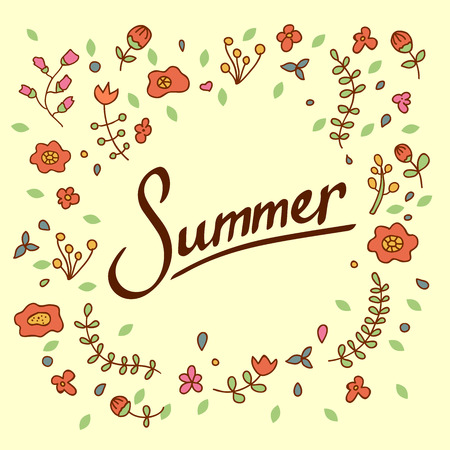 Summer inscription. Hand drawn lettering poster. Vector calligraphy. The text on the background of flowers and leavesのイラスト素材