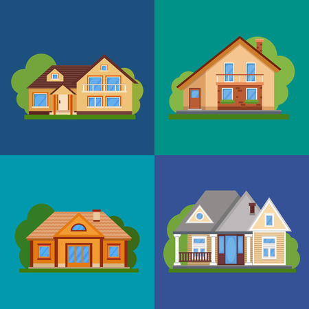Set Colorful Flat Residential House. Private residential architecture. Family home. Traditional and modern house. Flat style vector illustrationのイラスト素材