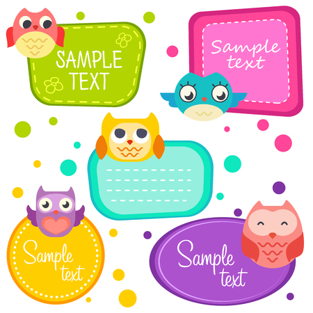 Illustration cute cartoon owls, set frame. Printable labels Setのイラスト素材
