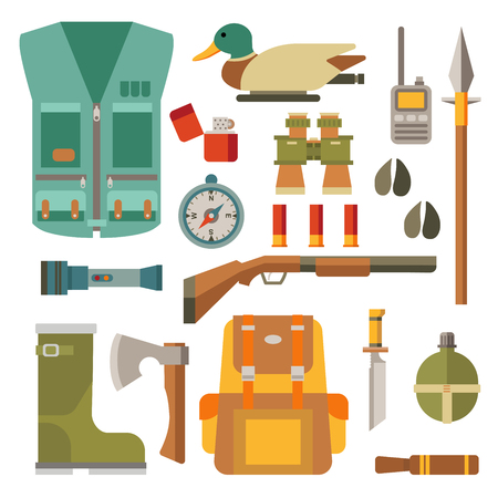 Collection of hunters and tourists. Flat modern design vector icons set isolated on white background. Icon collection in stylish colorsのイラスト素材