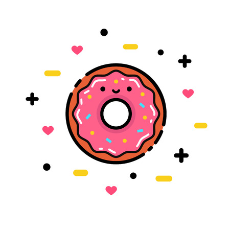 Vector illustration of cute pink cartoon donut with heart and face, can be used for party invitations, posters, printsのイラスト素材