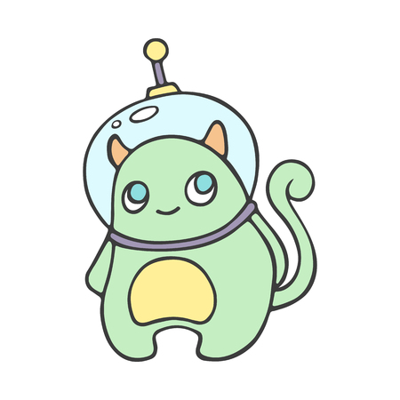 Cute friendly in space suit green alien astronaut from mars or another galaxy planet, colonization discover mission first contact UFO . Modern vector style illustration flat design cartoon character.のイラスト素材