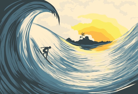 Tropical island wave and surfer  at sunsetのイラスト素材