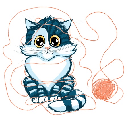 cartoon illustration of cat playing with ball of yarnのイラスト素材