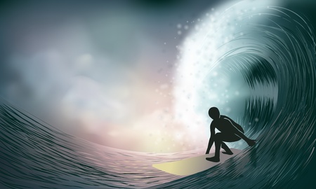 surfer and wave at sunset