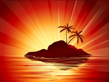 background illustration of tropical island with two palms at sunsetのイラスト素材