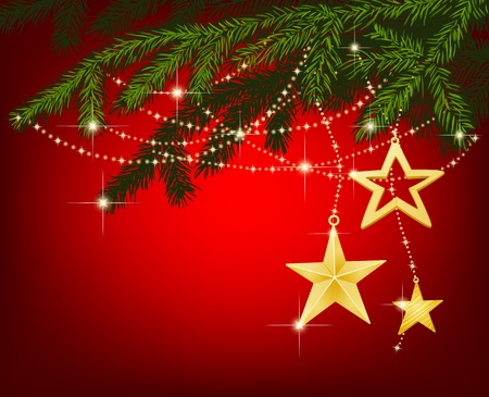 Christmas background with fir branches, stars and garlandsのイラスト素材