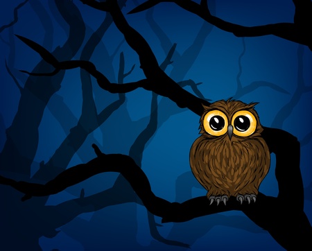 Illustration of cute little owl in the forest at nightのイラスト素材