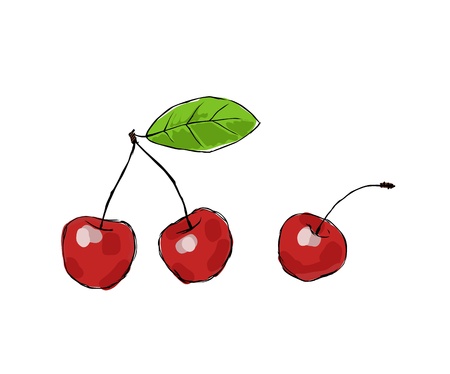 three juicy cherries on white background