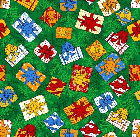 Seamless pattern with Christmas gifts and fir branchesのイラスト素材