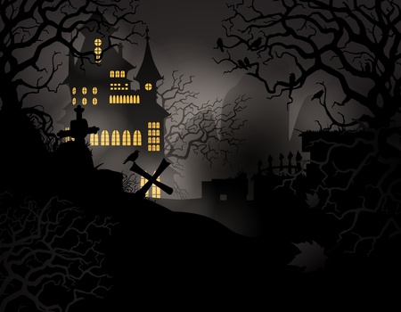 Halloween background with haunted house and graveyardのイラスト素材