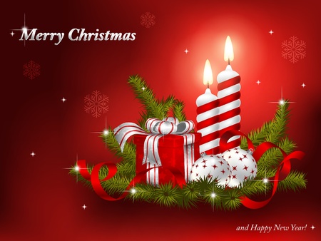 Christmas background with fir branches, baubles, gift  and candlesのイラスト素材