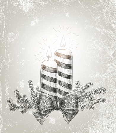 Hand drawn Christmas background with candles, ribbon and fir branchesのイラスト素材