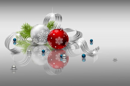 Christmas background with baubles, fir branches and ribbonのイラスト素材