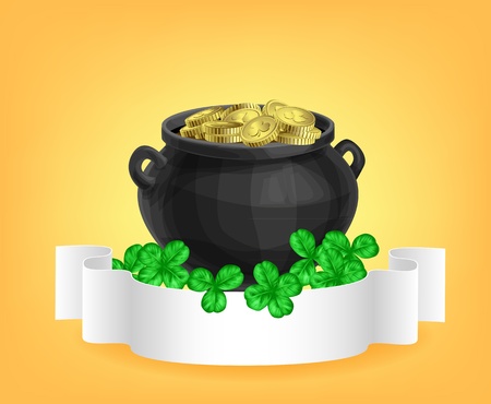 Pot full of gold, clovers and scrollのイラスト素材