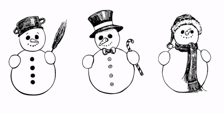 set of 3 hand drawn snowmenのイラスト素材