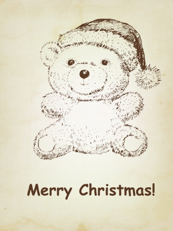 Hand drawn Teddy bear with Christmas hatのイラスト素材
