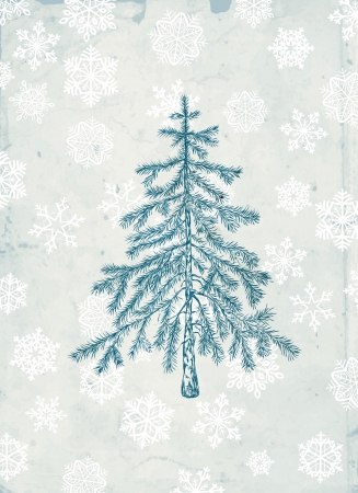 Hand- drawn fir tree on grunge background with falling snowのイラスト素材