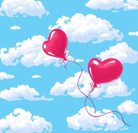 Two heart shaped red balloons on cloudy sky backgroundのイラスト素材