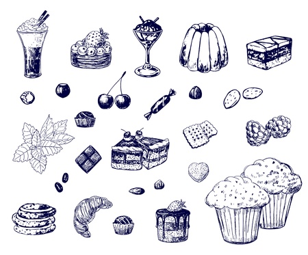 Collection of various hand-drawn dessertsのイラスト素材