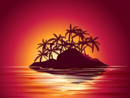 background illustration of tropical island with  palms at sunsetのイラスト素材