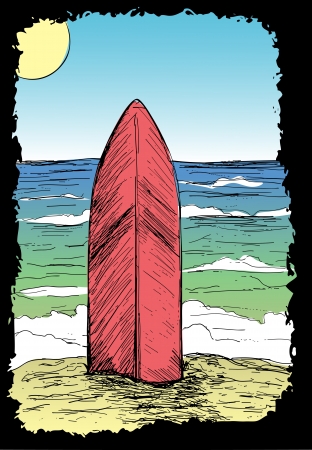 Hand drawn summer card with sand beach and surfboardのイラスト素材