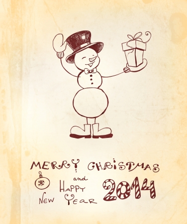 Hand- drawn snowman holding gift and wavingのイラスト素材