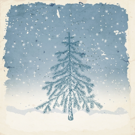 Hand -drawn fir tree on winter background with falling snow, grunge frame and old paper texture, Christmas backgroundのイラスト素材