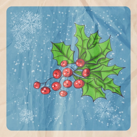 Retro Christmas background with Holly berry, falling snow and old crumpled paper textureのイラスト素材