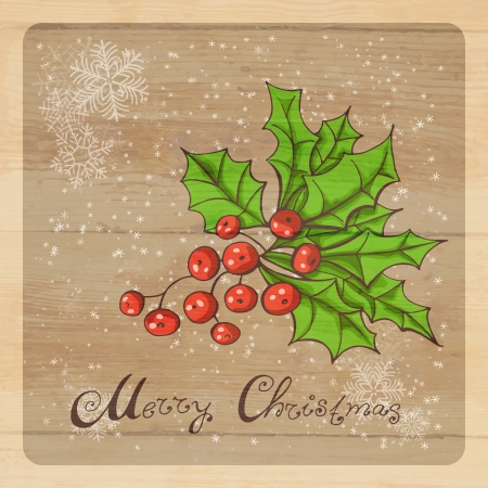 Retro Christmas background with Holly berry, falling snow and old wooden plank  textureのイラスト素材