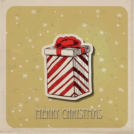 Christmas gift with red bow and falling snow on grunge background and frame のイラスト素材