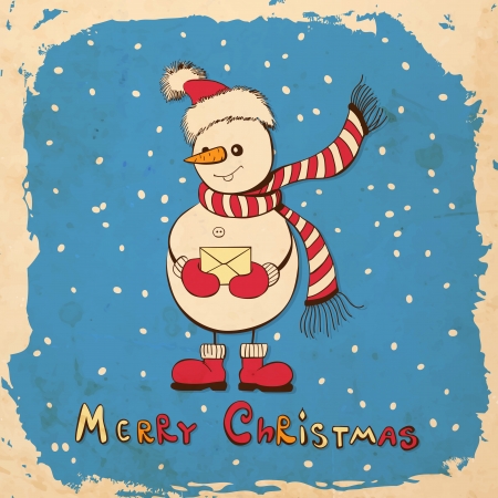 Hand - drawn snowman with Christmas hat holding envelop on blue background with falling snow and grunge frame, square Christmas background with old paper textureのイラスト素材