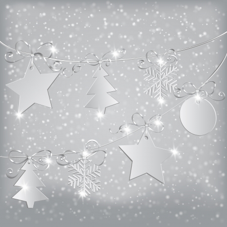 Christmas decoration - white paper stars, trees and snowflakes with glossy bows on winter background with falling snowのイラスト素材