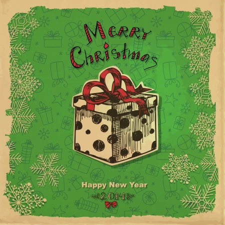 Hand - drawn illustration, Christmas gift with red bow, snowflakes and grunge frame on old paper background with pattern with giftsのイラスト素材