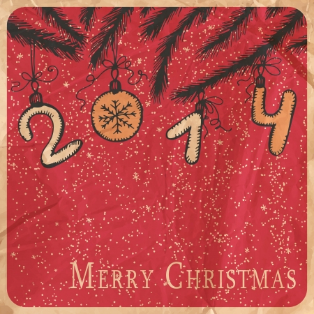 Hand - drawn fir branch decorated with ornaments- figures forming 2014  tied bows on blue background with falling snow with old crumpled paper texture, Christmas backgroundのイラスト素材