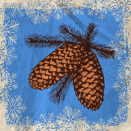Hand - drawn branches with pine cones on grunge blue background with old crumpled paper texture and snowflake frame, Christmas backgroundのイラスト素材