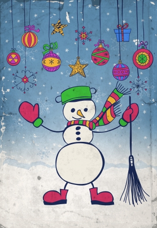 Hand -drawn Christmas illustration, Snowman with green pot in the place of hat, red gloves and boots and patterned shawl and broomのイラスト素材