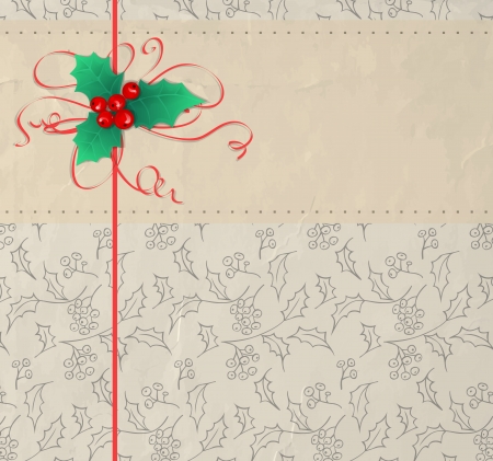Christmas background, label decorated with holly berry and ribbon on patterned background with hand- drawn holly berriesのイラスト素材