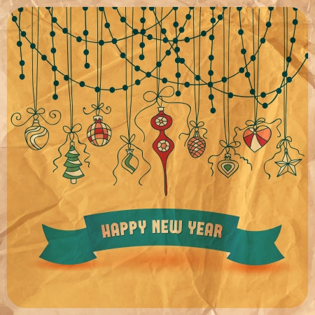 Hand -drawn Christmas ornaments tied with bows and garlands  on grunge background with old crumpled paper textureのイラスト素材