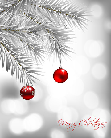 White fir branches  decorated with 2 red baubles on silver bokeh background, Christmas illustrationのイラスト素材