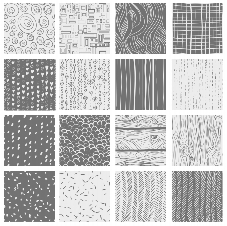 Set of 16 seamless patterns and textures- hearts, circles, dots, wood; textile, wavesのイラスト素材